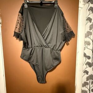 SHEIN Black Wrap Bodysuit with Sheer Lace Sleeves
